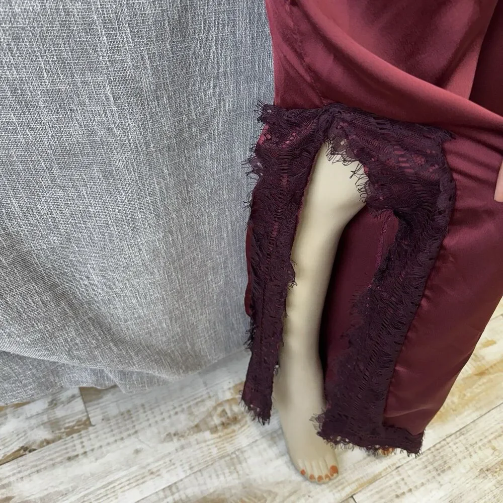 Nasty Gal Burgundy Satin Wide Leg Jumpsuit Lace Trim PTP 16 Open Back XXS Slit - Picture 7 of 16